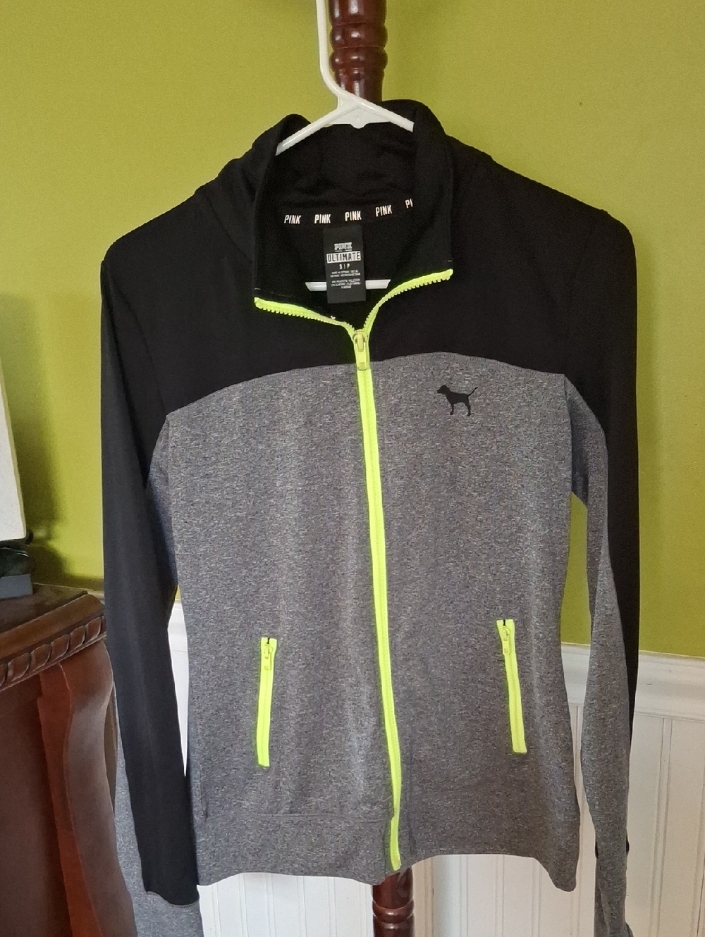PINK Victoria's Secret Gray and Black Zip-Up Jacket with Neon Yellow Accents